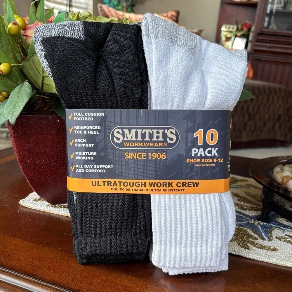 Brand New Smith's Workwear 10-Pack Ultra Tough Work Crew Socks Cushioned Wicking
